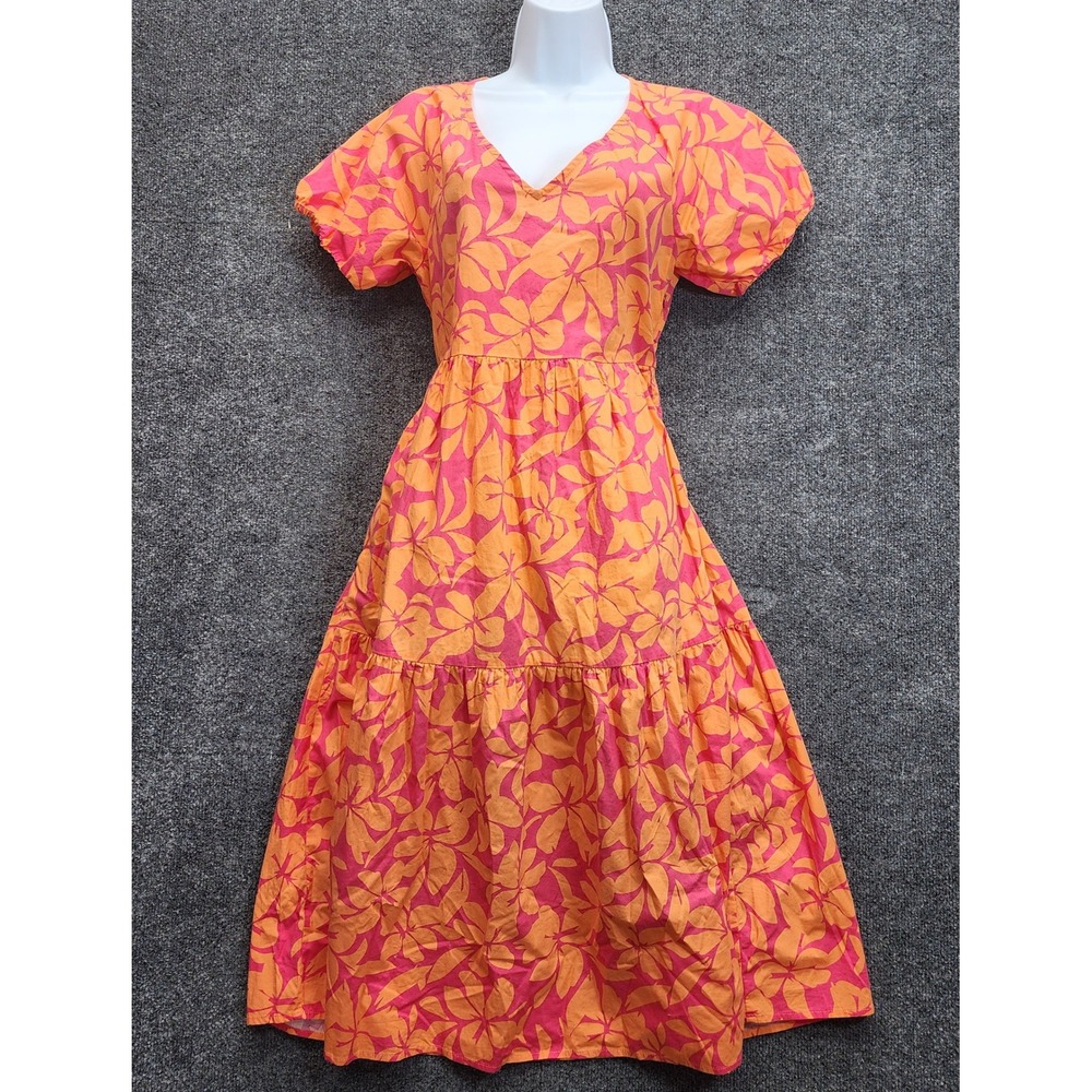 J.Crew Floral Puff Sleeve Tiered Midi Dress Womens Pink Orange Cotton Blend 6P